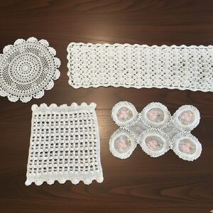 Vintage Set Of Crochet Doilies Table Runners Lace Rectangular Floral Embroidered